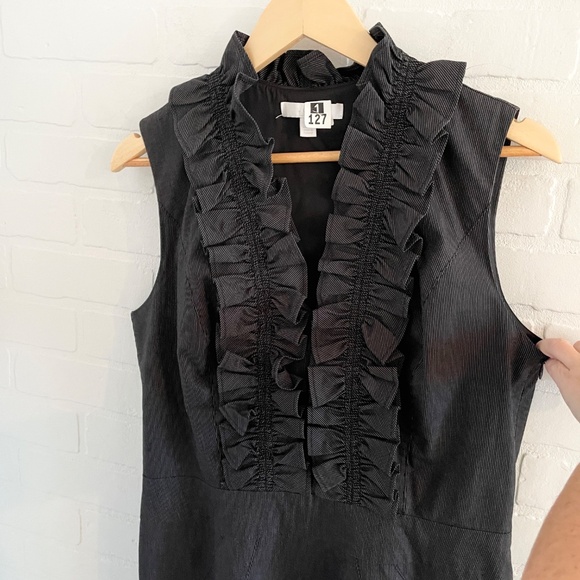 JOSEF Pencil Dress Pinstripe Charcoal Black/White Ruffled V neckline Luxury 10 - Picture 2 of 12